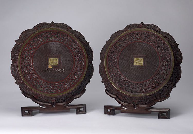 A Large Pair of Chinese Carved Cinnabar Lacquer ‘Birthday’ Foliate Dishes, Qianlong Mark, Late 19th Century by  Chinese Art