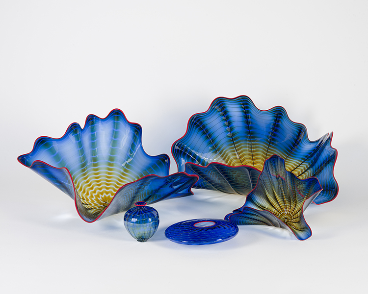 King's Blue Persian with Scarlet Lip Wraps (5 pieces) by Dale Chihuly