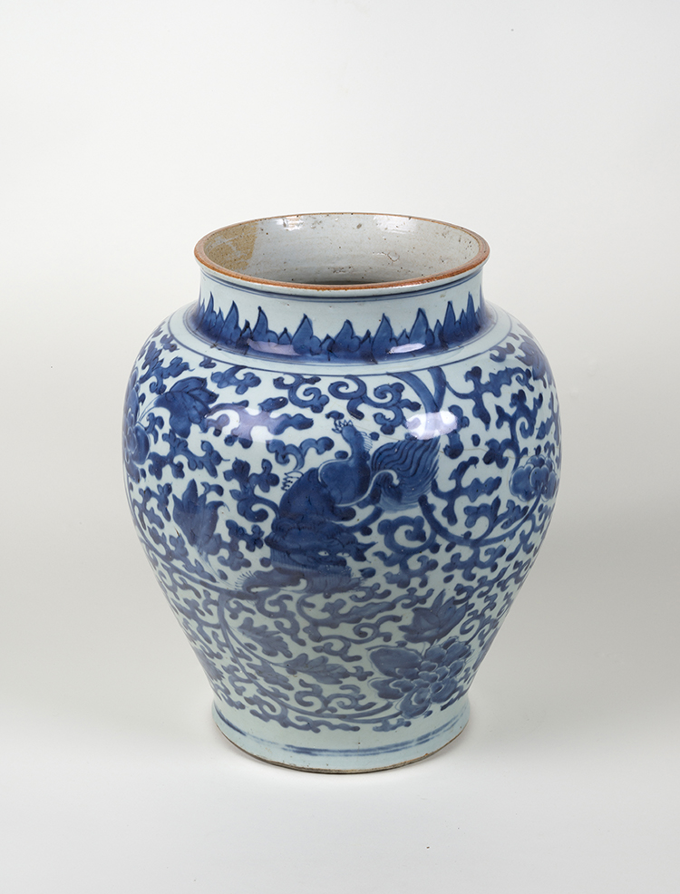 A Large Chinese Blue and White 'Lion and Peonies' Guan Jar, Ming Dynasty, Wanli Period (1573 - 1620) by  Chinese Art