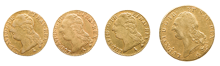 Lot of Three Louis XVI Gold Louis d’Or and a 2 Louis d’Or, Paris and La Rochelle Mints, 4 Pieces Total par  France