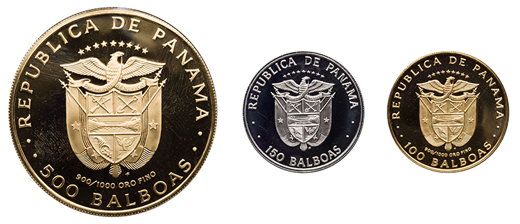 Republic Gold Proof 100 and 500 Balboas 1976, "Vasco Núñez de Balboa," and Platinum Proof 150 Balboas 1976, “150th Anniversary of the Panamanian Congress” by  Panama