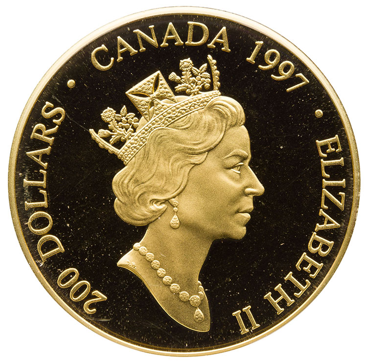 Elizabeth II Gold Proof 200 Dollars 1997, “Raven Bringing Light to the World – Robert Davidson” by  Canada