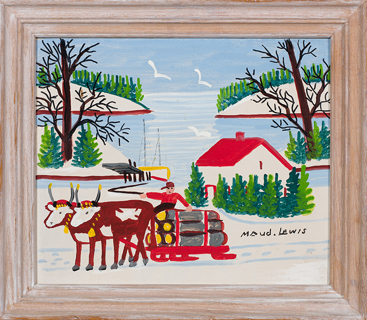 Oxen Hauling Logs, Winter by Maud Lewis