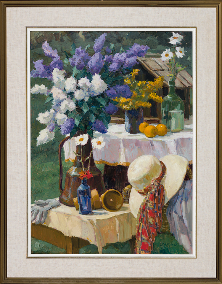 Garden Still Life with Summer Hat and Lilacs by Helmut Gransow
