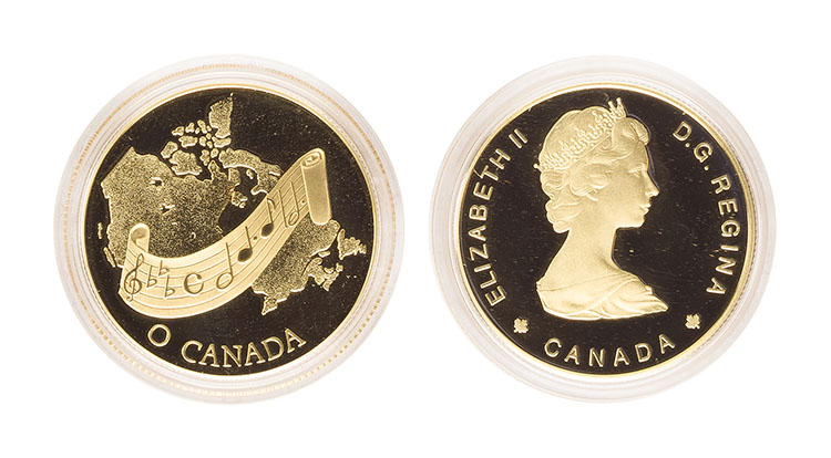 Elizabeth II Gold Proof 100 Dollars 1981, "O Canada" and Gold Proof 100 Dollars 1984, “Jacques Cartier” by  Canada