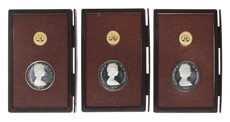 Three Elizabeth II Silver and Gold Proof 20 Crown and 50 Crown Sets 1976 by  Turks and Caicos Islands