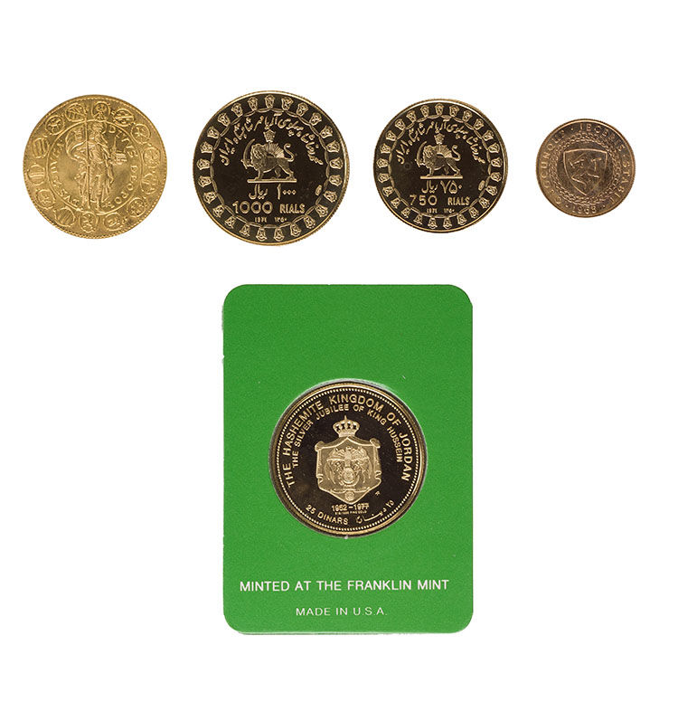 Lot of Five International Gold Coins – Austria, Iran, Isle of Man, and Jordan by  International