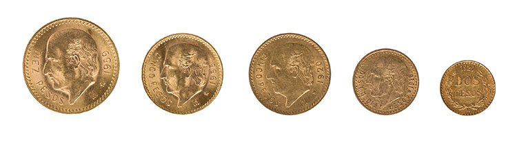 Lot of Five Republic Gold Coins – Two, Two and a Half, Five (2) and Ten Pesos by  Mexico