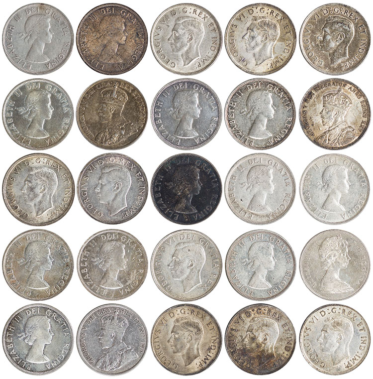 Lot of 88 George V, George VI and Elizabeth II Silver Dollars 1935-1966, Incomplete Set by  Canada