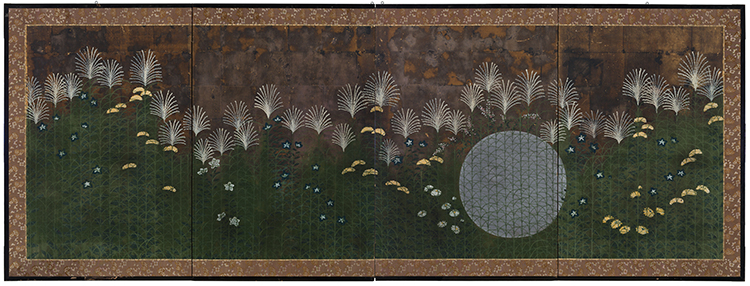 Rimpa School Style Four Panel Folding Screen
Florals at Night, Meiji Period (1868-1913) by  Japanese Art
