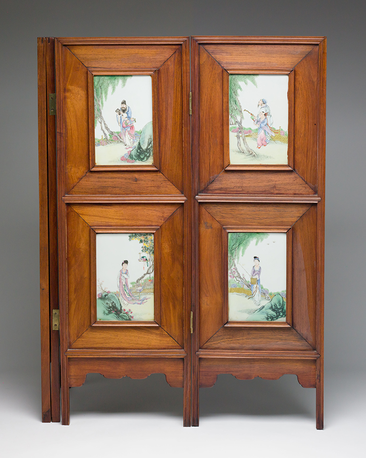 A Chinese Four Panel Rosewood and Famille Rose Porcelain Inlay Table Screen, Republican Period, Circa 1920's by  Chinese Art