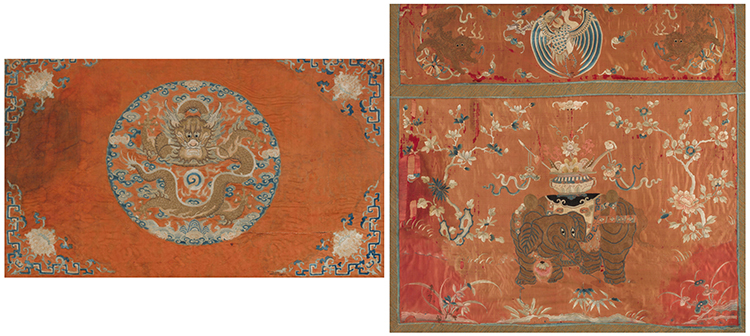 A Large Silk Embroidered "Dragon" Altar Panel Fragment, Mid-19th Century and a Silk Hanging Festival with Crane, Fu-Lions, and Elephant, circa 1900 par  Chinese Art