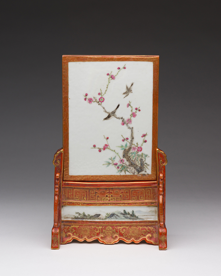 A Rare Chinese Iron Red and Famille Rose 'Landscape' Table Screen and Stand, Republican Period by Chinese Artist