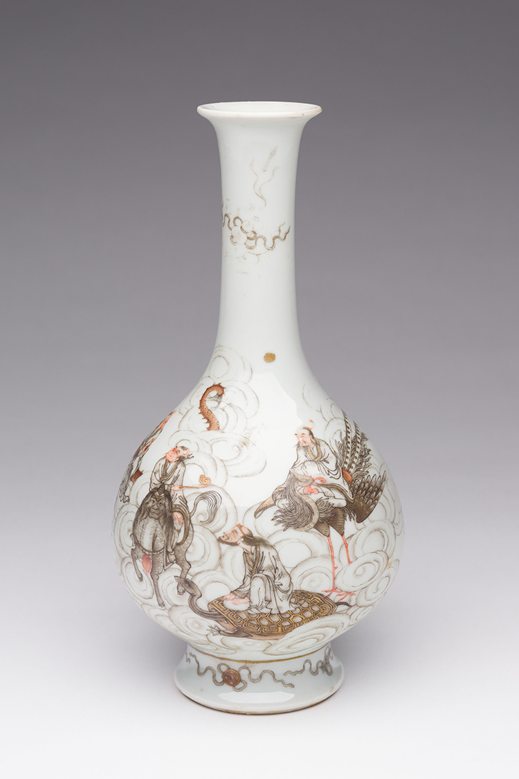 A Well-Painted Chinese Famille Rose and Grisaille 'Immortals' Bottle Vase, Shende Tang Mark, Republican Period by  Chinese Art