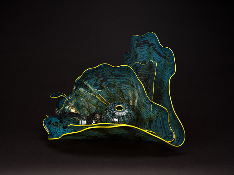 Blue and Green Persian Set with Yellow Lip Wraps (7 pieces) by Dale Chihuly