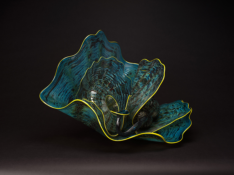 Blue and Green Persian Set with Yellow Lip Wraps (7 pieces) by Dale Chihuly