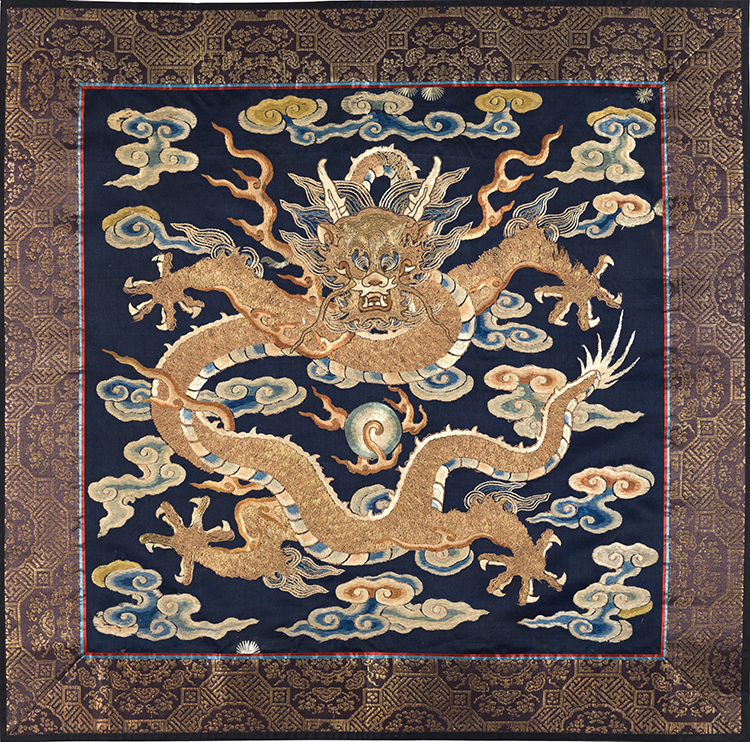 A Chinese Blue Ground Dragon Robe Fragment, Late Qing Dynasty by  Chinese Art