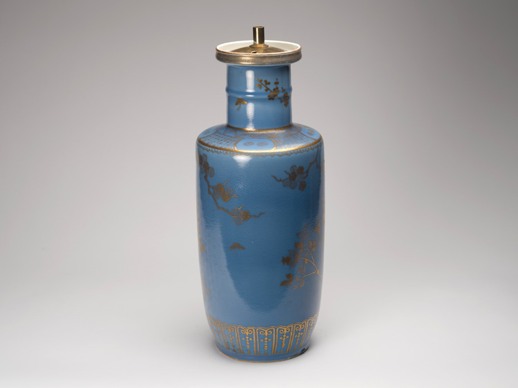 A Chinese Gilt-Decorated Blue Ground Rouleau Vase Converted to Lamp, Late Qing Dynasty par  Chinese Art
