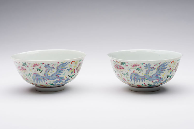 A Pair of Chinese Famille Rose 'Phoenix' Bowls, Qianlong Mark, Republican Period by  Chinese Art