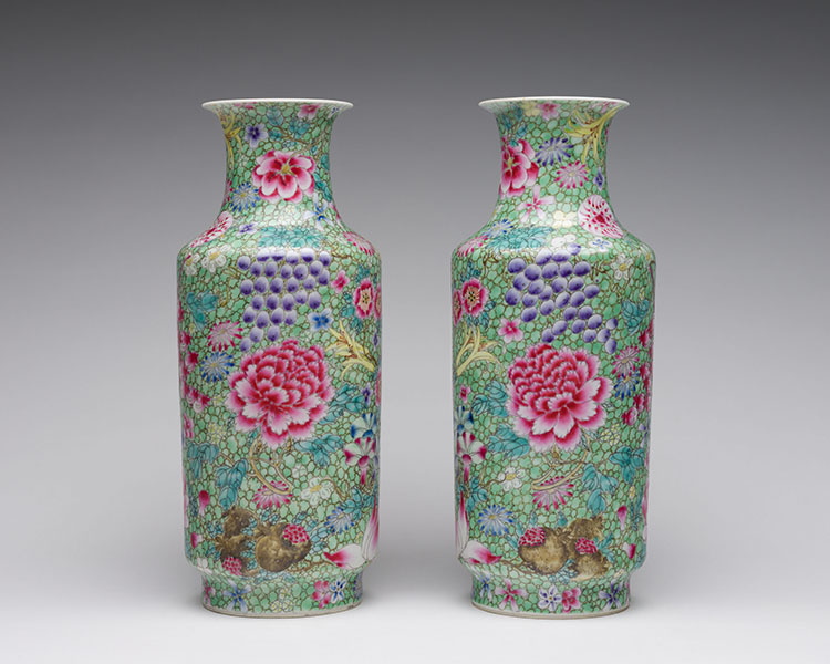 A Pair of Chinese Famille Rose 'Millefleur' Rouleau Vases, Qianlong Mark, Republican Period by  Chinese Art