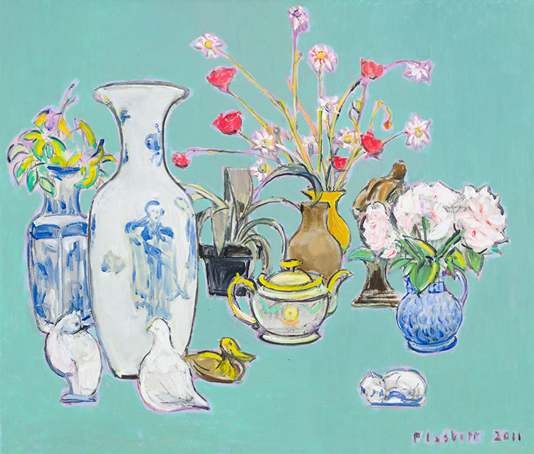 Flowers, Pots, Animals on Green par Joseph Francis (Joe) Plaskett