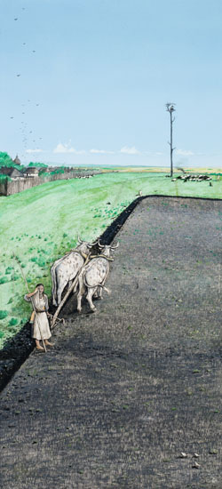 The Ukrainian Woman in the Old Country (Triptych); 1. Free Woman on Ukrainian Frontier 2. Election of a Cossack Chieftain 3. Oppression and Poverty by William Kurelek