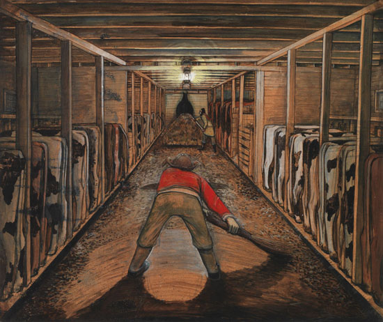 Cleaning the Cow Barn in Winter par William Kurelek