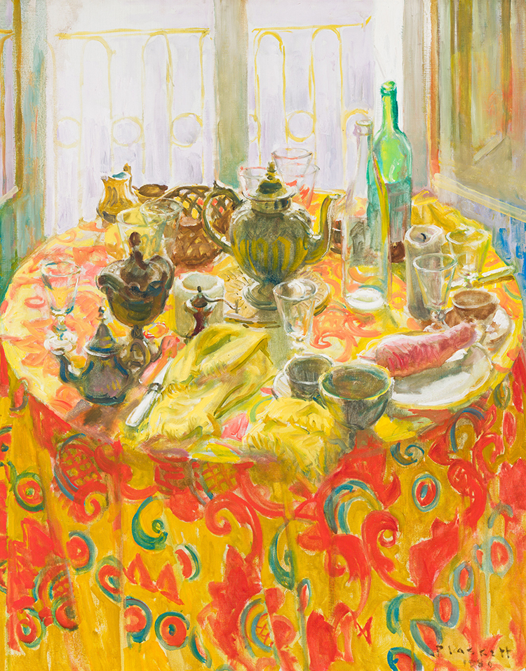 Tablescape in Red and Yellow Indian Cloth by Joseph Francis (Joe) Plaskett