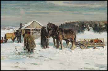 Winter, Feeding the Horses / Landscape (verso) by Peleg Franklin Brownell