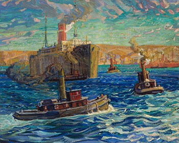 Tugs and Troop Carrier, Halifax Harbour, Nova Scotia by Arthur Lismer