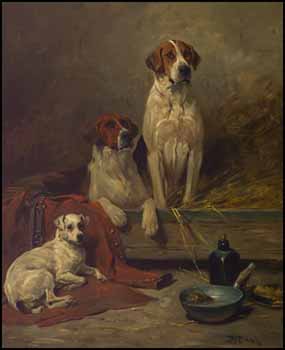 Foxhounds and Terrier Waiting for the Hunt by John Emms sold for $86,250