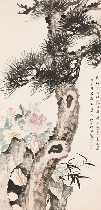Pine, Bamboo and Rocks with Chen Zihe by Huang Junbi sold for $3,750