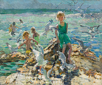 A Day at the Shore / Mother and Children at the Shore (verso) by Dorothea Sharp sold for $43,250