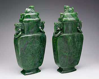 A Pair of Large Archaistic Spinach Green Jade Vases and Covers, Mid 20th Century by  Chinese Art sold for $6,250