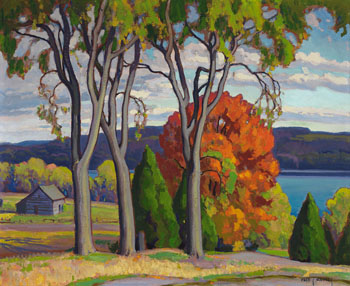 Cabin by the Lake in Autumn by Frederick Stanley Haines sold for $21,240